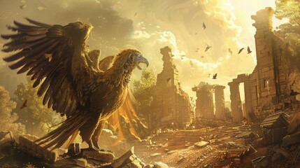 Amidst ruins, the Griffins majestic roar breaks the silence, its wings shimmering in the sun, a symbol of the eternal guard over ancient wisdom low texture