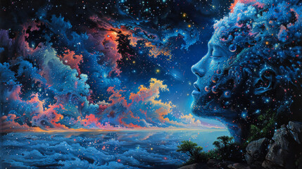 Goddess with intricate deep blue cloudscape
