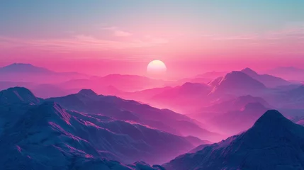 Foto auf Alu-Dibond sunset on the mountains with vaporwave tone color, suitable for wallpaper, poster. Generative AI © wellyans