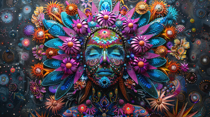 Fantastic, surreal, psychedelic creature with herbal and floral motifs - obrazy, fototapety, plakaty