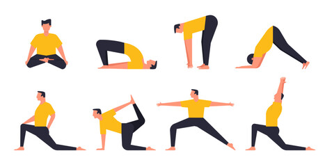 Man characters practicing pilates or yoga session