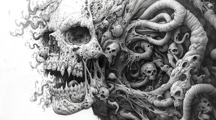 Black and white laughing skull with tentacles for coloring - obrazy, fototapety, plakaty
