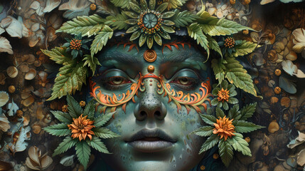 Fantastic, surreal, psychedelic being with herbal motifs - obrazy, fototapety, plakaty