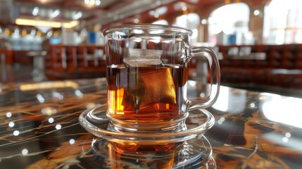 A transparent cup of tea with a steeping tea bag, set against the backdrop of a warm, inviting cafe. - obrazy, fototapety, plakaty
