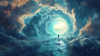 Lonely figure in cloudy tunnel, concept of entrance to the afterlife - obrazy, fototapety, plakaty