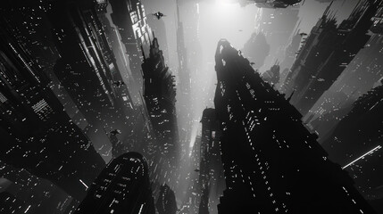 Black and white cityscape from a nightmare - obrazy, fototapety, plakaty