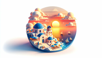 Santorini Sunsets Greece: 3D Flat Icon of Iconic Blue Domes where Sky Paints Above | Famous Location Photography Theme | Isolated White Background - obrazy, fototapety, plakaty