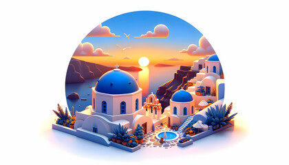 3D Flat Icon Santorini Sunsets Greece Blue Domes Famous Location Photographic Isolated White Background - obrazy, fototapety, plakaty