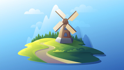 Windmill near green field illustration on blue background.