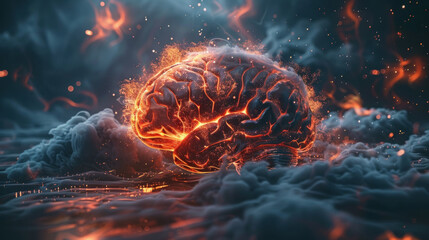 Human brain engulfed in flames - concept of migraine, cluster headache, stress - obrazy, fototapety, plakaty
