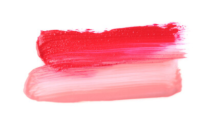 Strokes of color lip glosses isolated on white, top view - obrazy, fototapety, plakaty