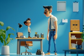 Cartoon Mentor Guiding Junior Employee at Desk in Room