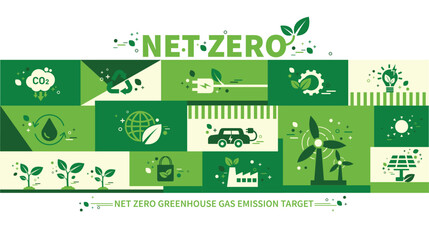 Net zero and carbon neutral concept. Net zero greenhouse gas emissions target. Climate neutral long term strategy with green net zero icons. Environment web banner with green city vector template. - obrazy, fototapety, plakaty