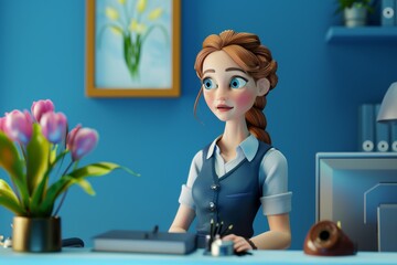 Cartoon Woman Seated at Desk With Flowers