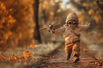 Child pilot, with wooden vintage airplane, dreams of traveling in autumn forest landscape at sunset. Generative AI image.