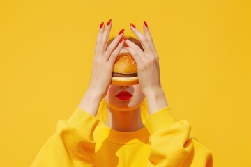 Woman with red nails covering her face with hamburger on yellow background in playful food fashion...
