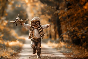 Child pilot, with wooden vintage airplane, dreams of traveling in autumn forest landscape at sunset. Generative AI image.