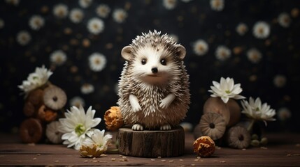 Obraz premium A small hedgehog stands on an old wooden table 