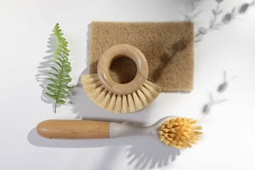 Fototapeta na wymiar Cleaning brushes, sponge and fern leaf on white background, flat lay