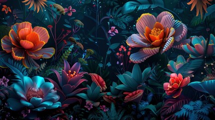 Fototapeta na wymiar 3D render of a dark night jungle with many colorful plants, big flowers and small creatures in a trippy psychedelic style on a black background