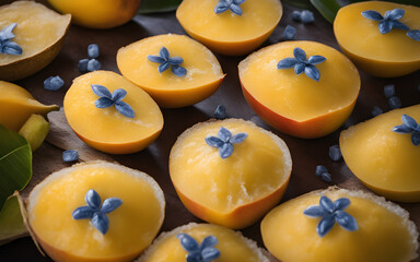 Thai mango sticky rice, ripe mango, blue rice, coconut milk, tropical background