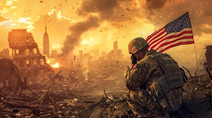 Fire And Devastation In Front Of A Crying American Soldier