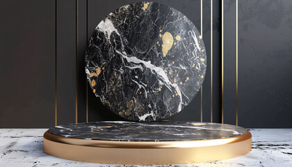 black and golden marble product podium display for advertising, luxurious marble with circular platform backdrop