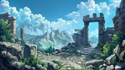 Ruins of an ancient temple in a mountain valley with a blue sky and white clouds - obrazy, fototapety, plakaty