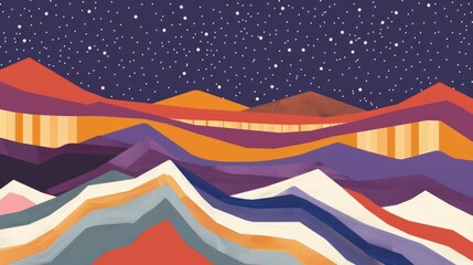 A colorful illustration of mountains under the starry sky, inspired in the style of Alex Curtain and simple lines, flat colors, purple background, orange stripes and purple stripes - obrazy, fototapety, plakaty