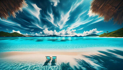 Photo-real Caribbean Calm: Turquoise Waters and White Sands, a Symphony of Relaxation in Famous Location - Photographic Theme - obrazy, fototapety, plakaty