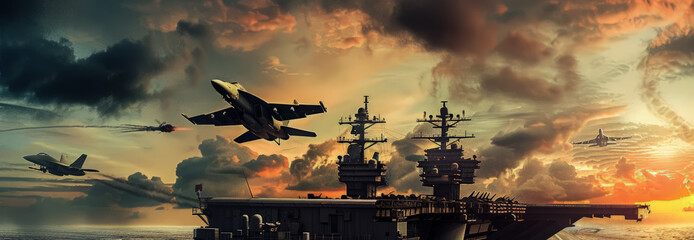 panoramic view of a military aircraft carrier in flight with fighter jets	 - obrazy, fototapety, plakaty