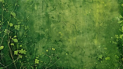 Fototapeta premium A green background with an abstract pattern, featuring small flowers and leaves in shades of emerald and lime green. The edges have distressed textures that give it an old-fashioned feel