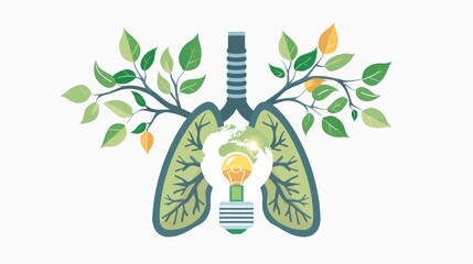 A light bulb with the Earth inside is placed in each of two lungs, and green tree branches have grown from them on a white background.