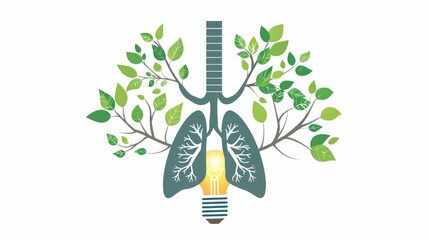 A light bulb with the Earth inside is placed in each of two lungs, and green tree branches have grown from them on a white background.
