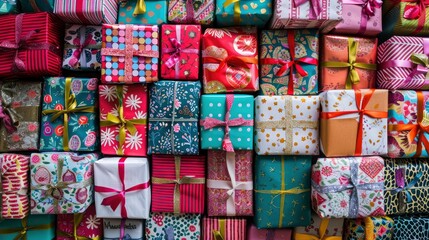 A pile of colorful wrapped gifts, including paper and ribbons in various patterns and designs, are arranged neatly on top of each other to create an eyecatching background.