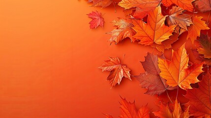 Obraz premium An orange background decorated with lively maple leaves creates a warm and inviting atmosphere. Reminiscent of the cozy atmosphere of autumn. With plenty of space for text