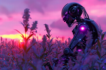 Robot Contemplating in Twilight Cornfield