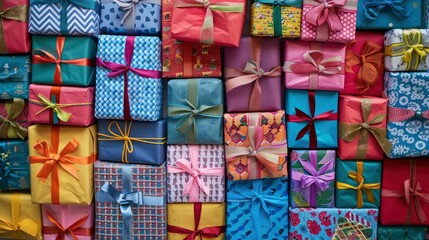 A pile of colorful wrapped gifts, including paper and ribbons in various patterns and designs, are arranged neatly on top of each other to create an eyecatching background.