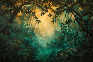 Forest landscape with golden sunlight filtering through