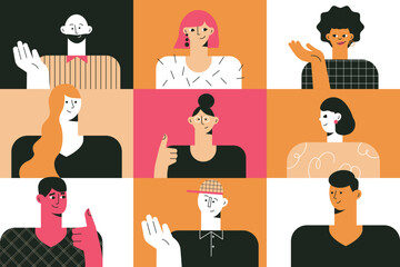 Team call. Video chat. Workplace online. People set avatars. Different ethnicity, skin tone, gender. Profile icons man and woman. Online community, web forum. Flat vector illustration