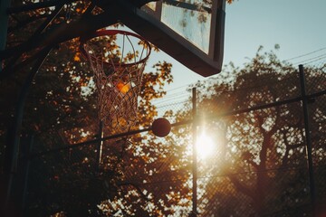 Detail of basket ball being dunk into the basketball net.. Beautiful simple AI generated image in 4K, unique. - obrazy, fototapety, plakaty