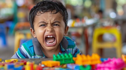Photo of Caucasian toddler, 2-3 years old, throwing a ball, broken toy, angry face, for parenting magazine, high-resolution.
