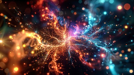 Fototapeta premium A vibrant, detailed illustration of an active neurons network with glowing bullseye-like structures and bright sparks against a dark background
