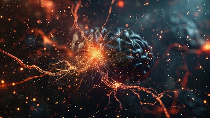 A vibrant, detailed illustration of an active neurons network with glowing bullseye-like structures and bright sparks against a dark background