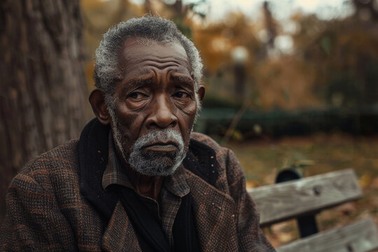 Portrait of an elderly African American man with a thoughtful expression in a park setting
