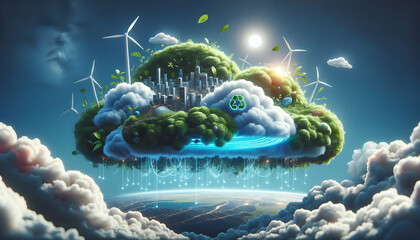 Photo Realistic Eco Cloudscape Elevating to Eco-Conscious Cloud Computing Prioritizing the Planet with Zero Carbon Footprint in Cloud Computing Concept - Environmental Protection and Technology Concep - obrazy, fototapety, plakaty
