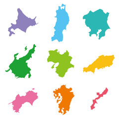 Fototapeta na wymiar 日本の９つの地方のアイコン、カラフルで明るい色