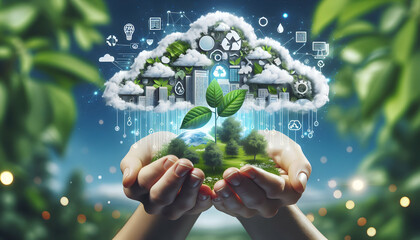Photo real Eco Friendly Cloud: Go green with cloud services prioritizing eco friendly operations and sustainability in Cloud Computing with Zero Carbon theme
