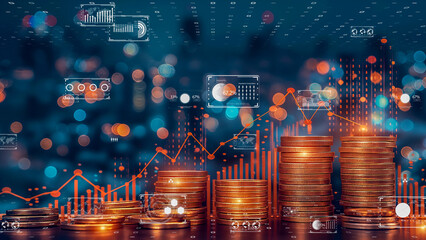 Digital economy visualized with rising graphs and currency, techno-financial environment.