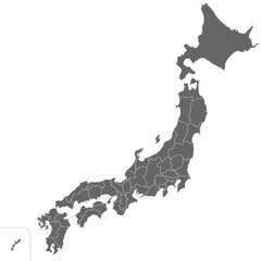 日本の47都道府県、島を省略したシンプルな日本地図、モノクロ